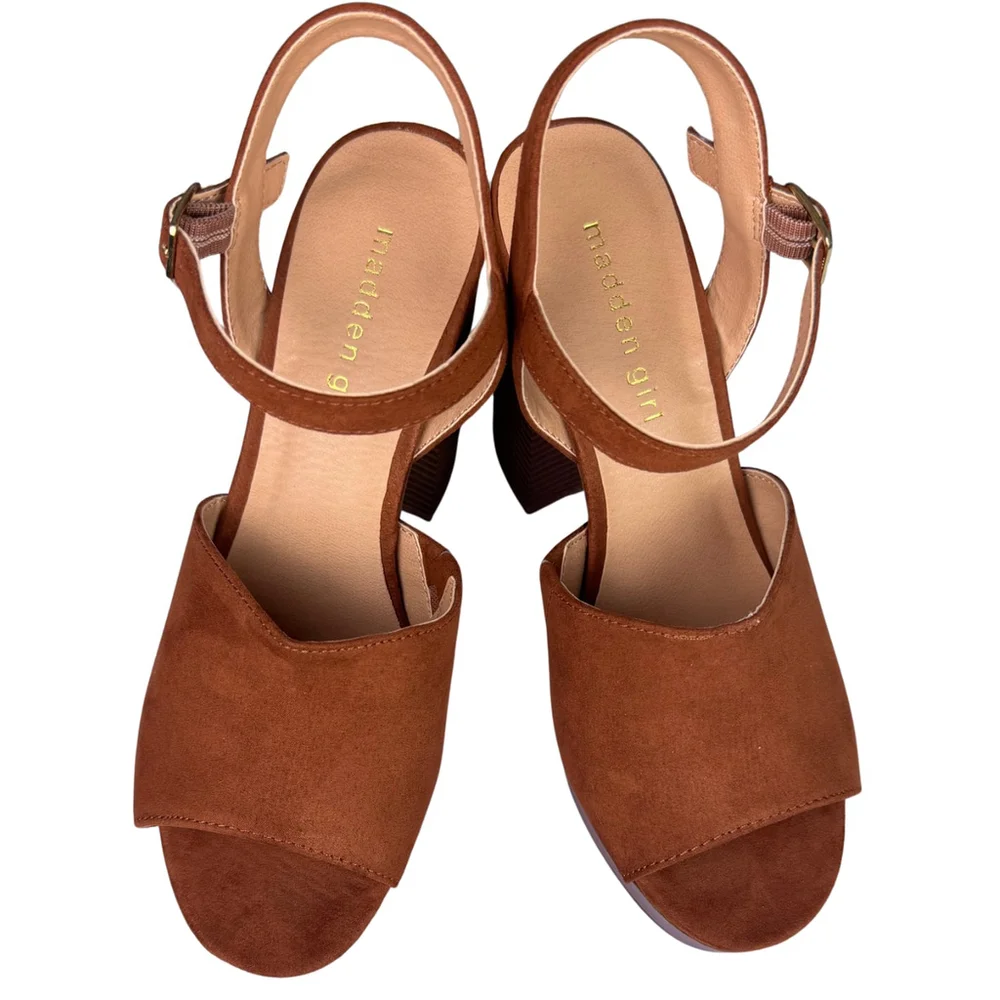 Madden Girl Womens Sandals Block Heels Sz 7.5M Garden-S Chestnut Strappy Western